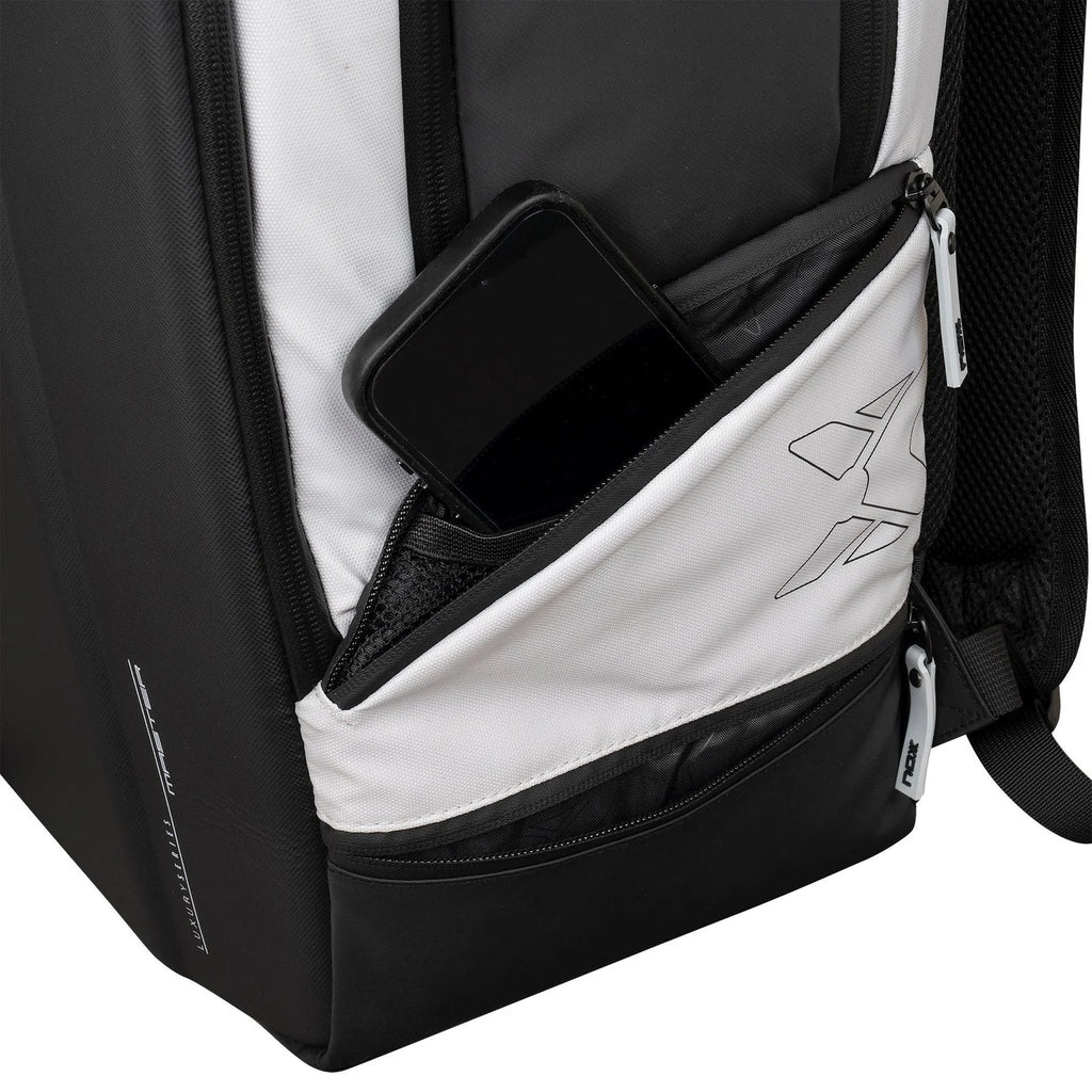 Nox padel Black and white backpack with a phone pocket on a white background