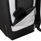Nox padel Black and white backpack with a phone pocket on a white background