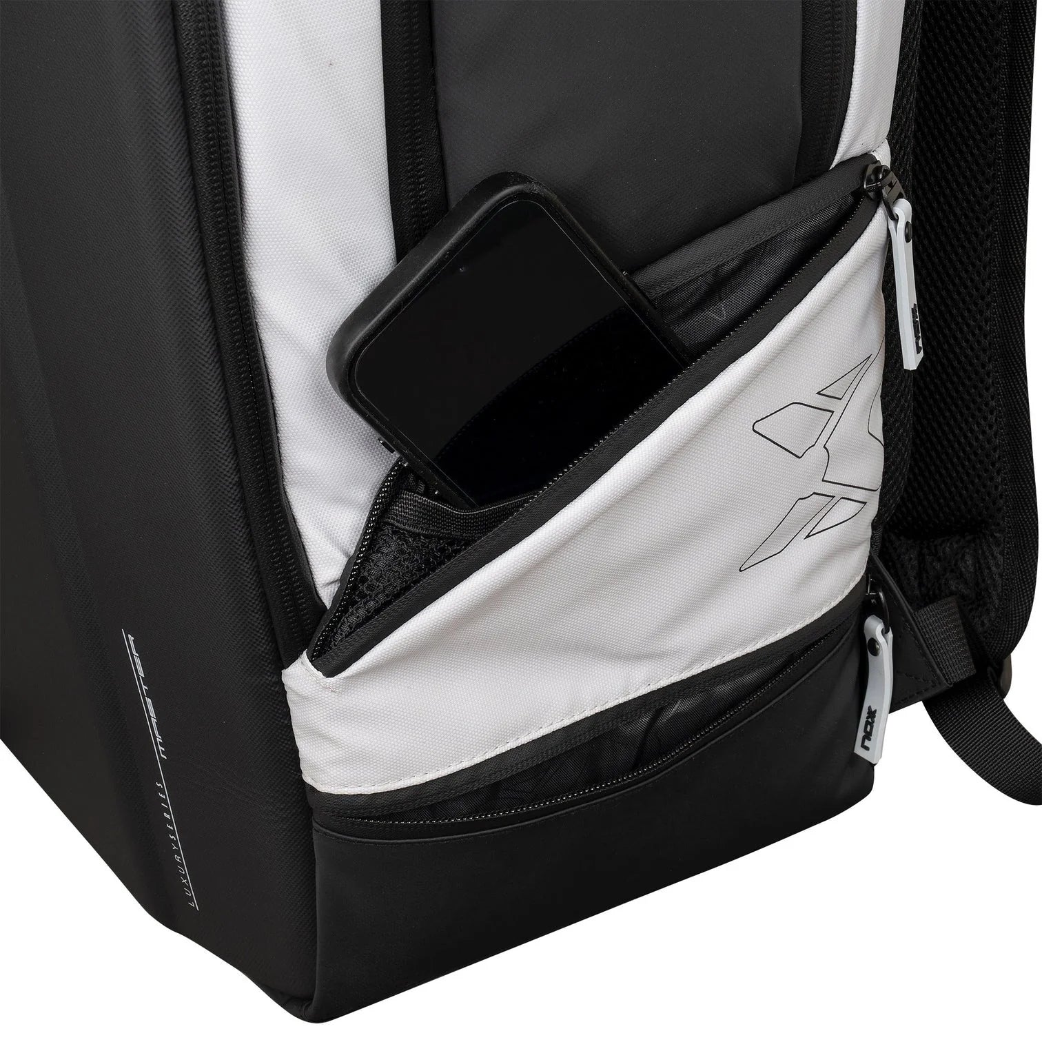 Nox padel Black and white backpack with a phone pocket on a white background