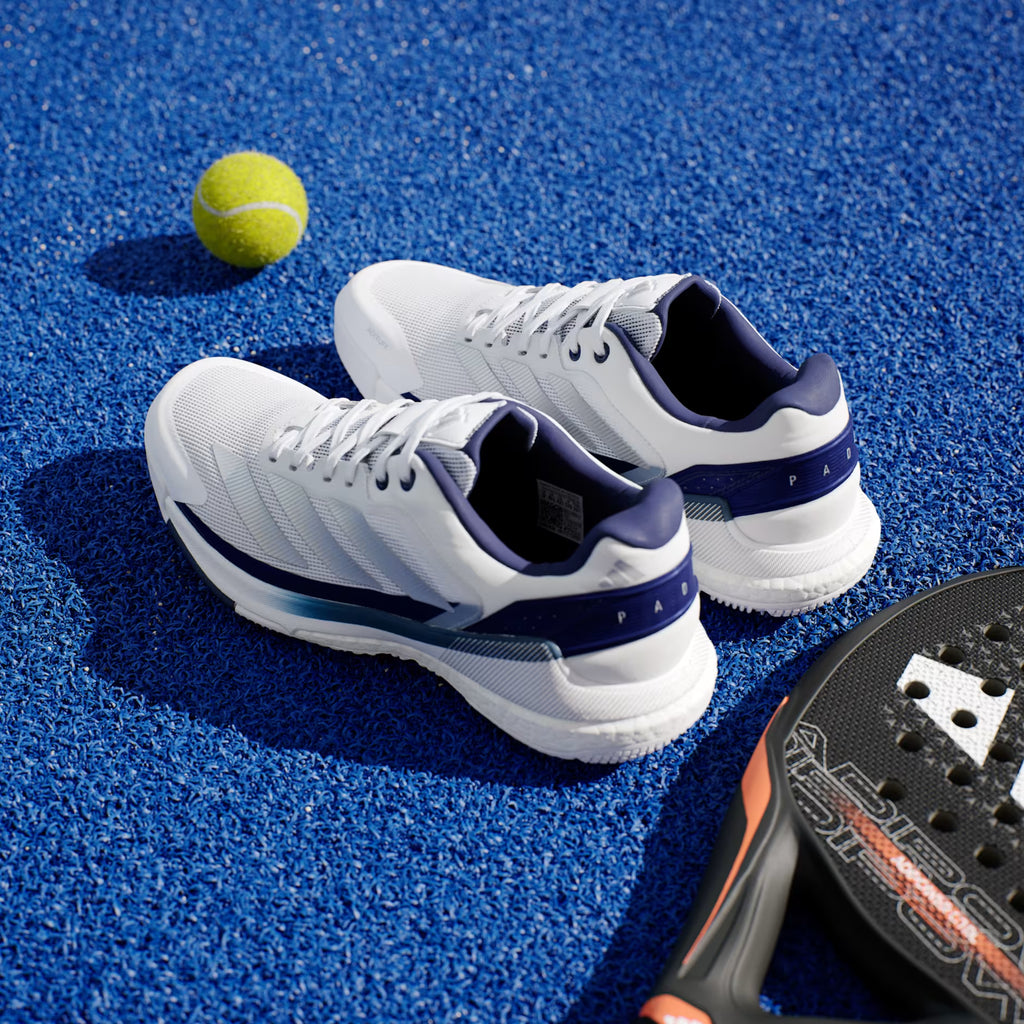 Adidas Crazyquick Boost white blue padel shoes pair — BOOST midsole and Slingframe