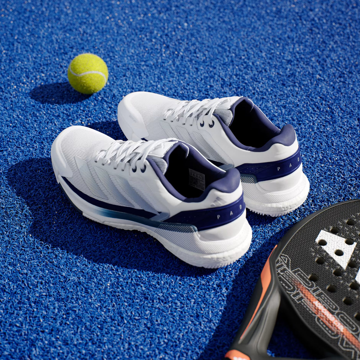 Adidas Crazyquick Boost white blue padel shoes pair — BOOST midsole and Slingframe