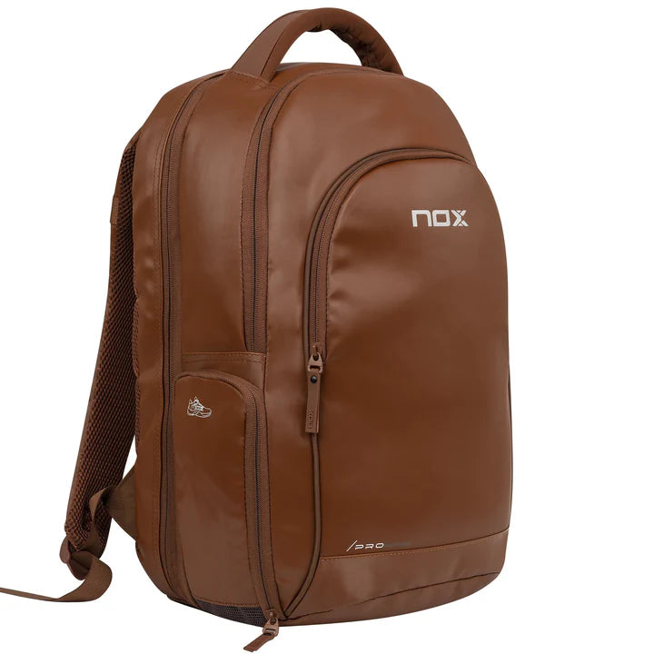 NOX Pro Series padel backpack Camel ventilated shoe compartment and mesh side water bottle pocket detail