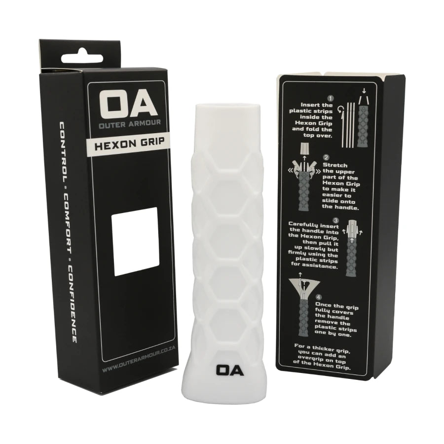 Outer Armour Hexon Grip fitted on padel racket handle — secure hold, reduced fatigue