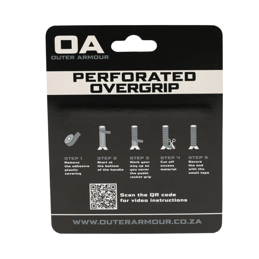 Outer Armour perforated overgrip fitted on padel racket handle — tacky secure grip