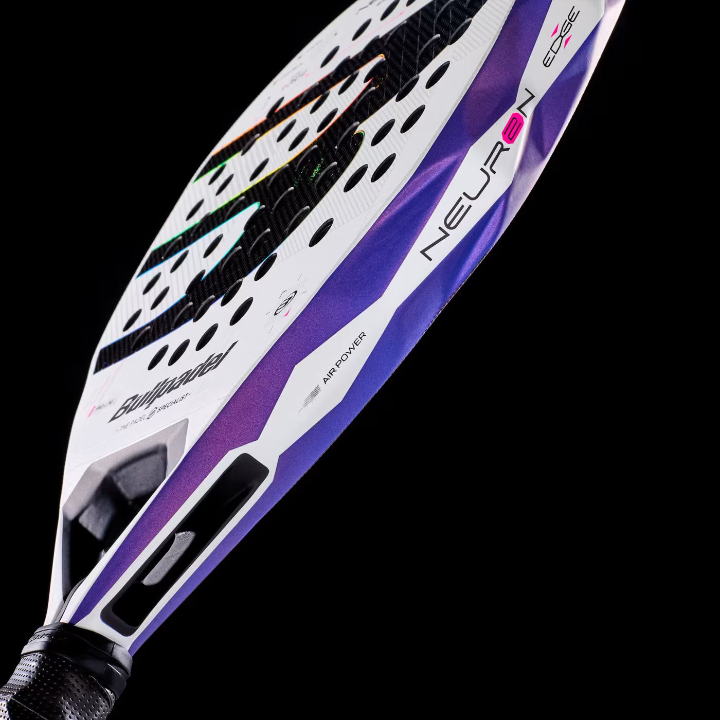 Bullpadel Neuron 02 Edge Hesacore honeycomb grip and Ease Vibe dampeners detail